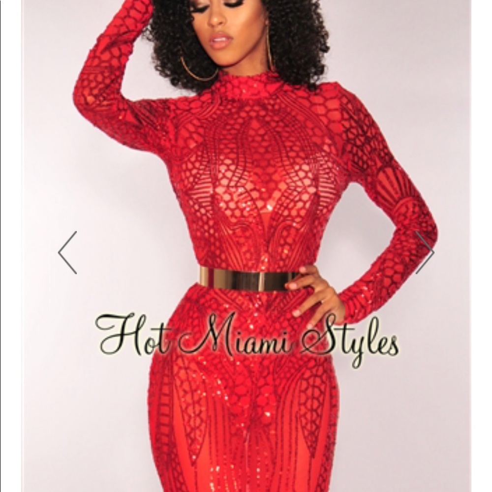 Red Sequin Long Sleeve Hot Miami Styles Dress